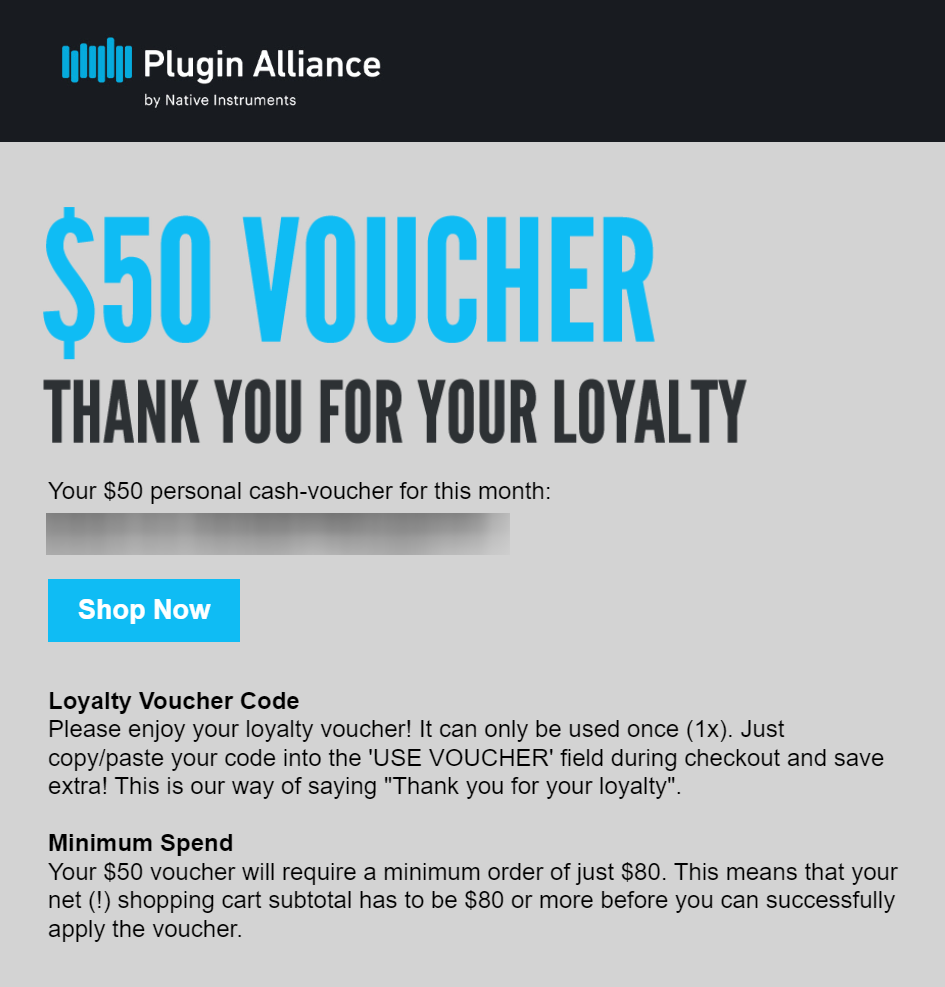 Plugin Alliance $50 Loyalty        Voucher for March